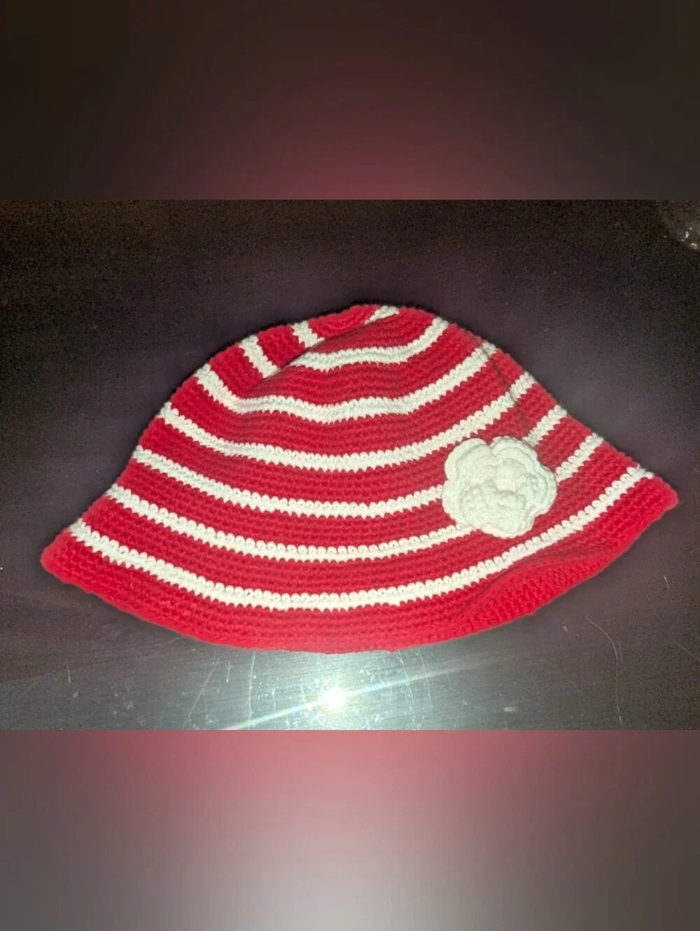 Striped Cotton Knit Bucket Hat with Flower